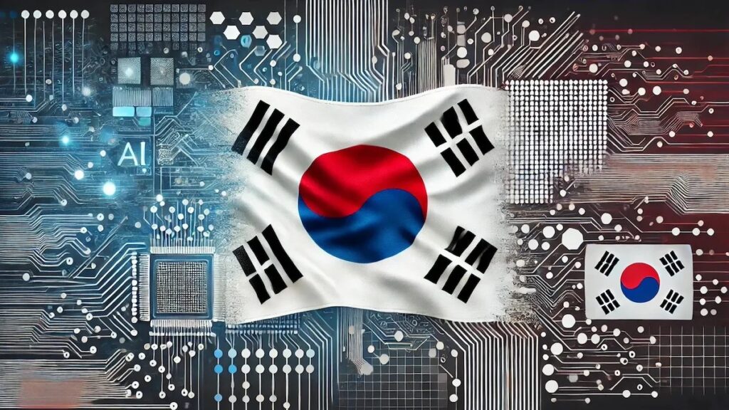 Golden bitcoins and South Korea flag. Digital cryptocurrency.