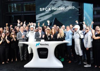 Bret Johnsen, chief financial officer of Space Exploration Technologies Corp. (SpaceX), center left, Gwynne Shotwell, president of Space Exploration Technologies Corp. (SpaceX), center, and Adena Friedman, chief executive officer of Nasdaq Inc.,  during the closing bell ceremony at the Nasdaq MarketSite in New York, US, on Friday, June 12, 2026. Shares of SpaceX climbed in their first day of trading on Friday following a $75 billion IPO that smashed records and instantly turned the crown jewel of Elon Musk's business empire into one of the most-valuable public companies in the world. Photographer: Michael Nagle/Bloomberg via Getty Images