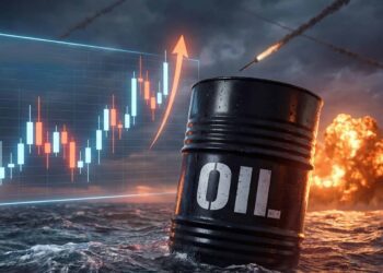 A dramatic image depicts a floating oil barrel, a holographic candlestick chart showing significant price growth, and a stormy sea with distant military explosions and missiles, symbolizing global market volatility and geopolitical conflict impacting energy prices.