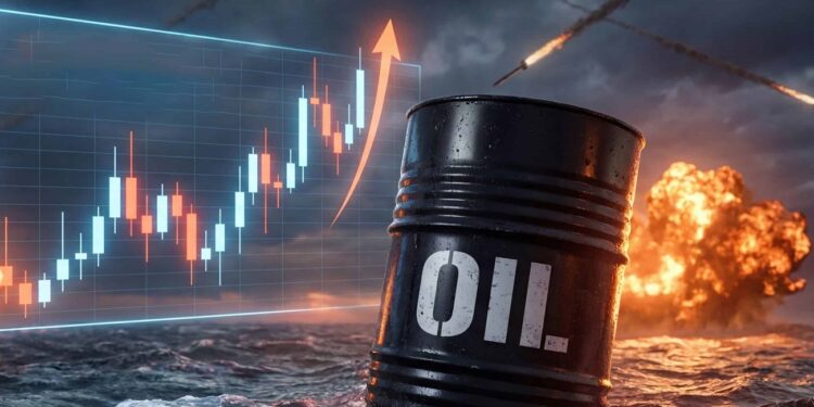 A dramatic image depicts a floating oil barrel, a holographic candlestick chart showing significant price growth, and a stormy sea with distant military explosions and missiles, symbolizing global market volatility and geopolitical conflict impacting energy prices.