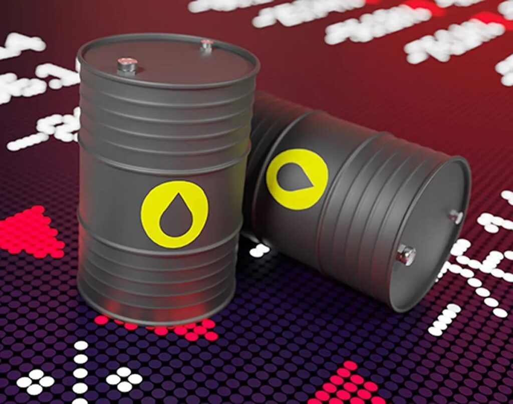 A dramatic image depicts a floating oil barrel, a holographic candlestick chart showing significant price growth, and a stormy sea with distant military explosions and missiles, symbolizing global market volatility and geopolitical conflict impacting energy prices.